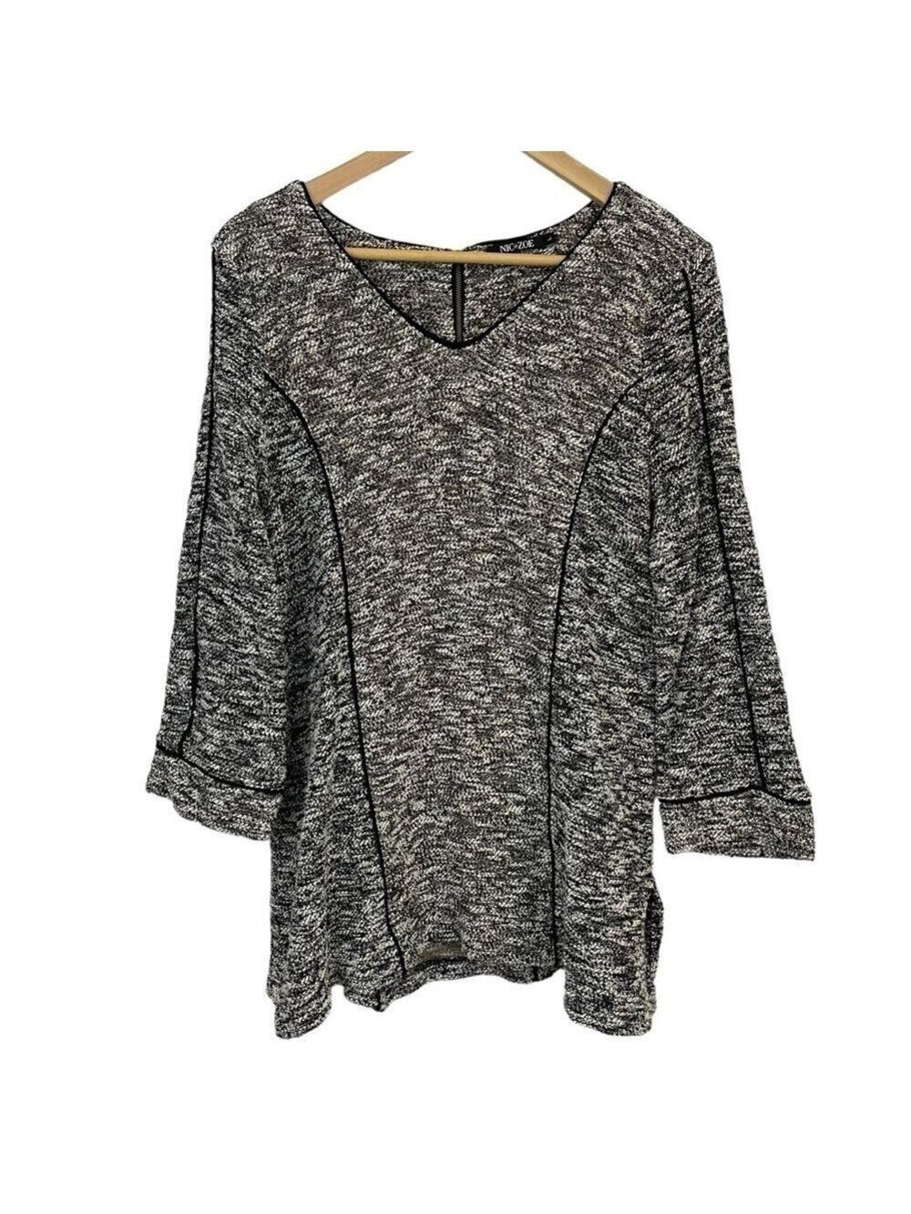 NIC+ZOE V-Neck Sweater Top Womens L Black Brown Tweed Texture Mature Casual VGUC